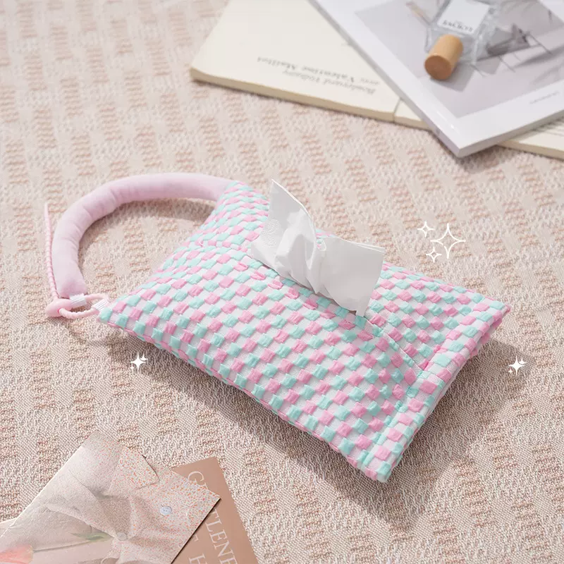 时尚简约格子挂式纸巾盒办公室桌上纸巾抽多功能布艺装饰纸巾袋