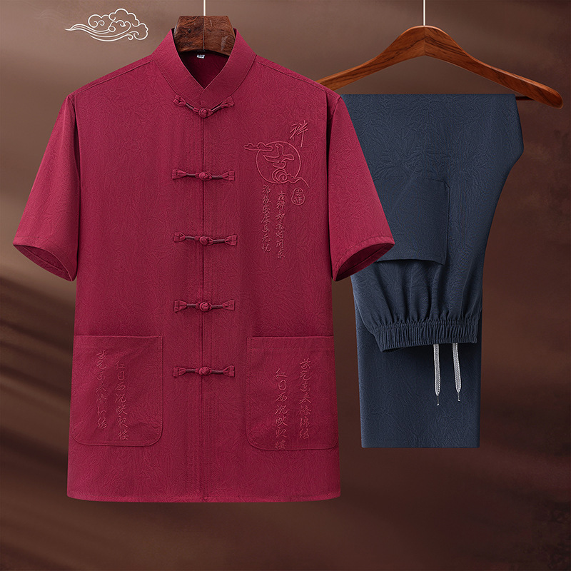 Summer Chinese style short-sleeved top and trousers two-piece set with elastic waist, slit hem, and multiple colors available for everyday casual wear.
