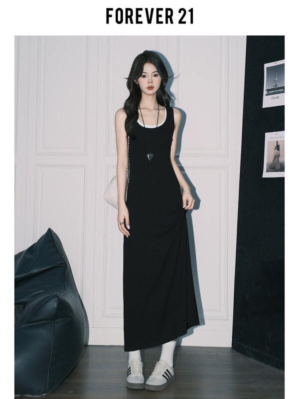 Forever 21 Casual Elegant Two-in-One A-line Dress for Women, Black U-neck Patchwork Bodycon Tank Long Dress Forever 21 Casual Elegant Two-in-One A-line Dress for Women, Black U-neck Patchwork Bodycon Tank Long Dress