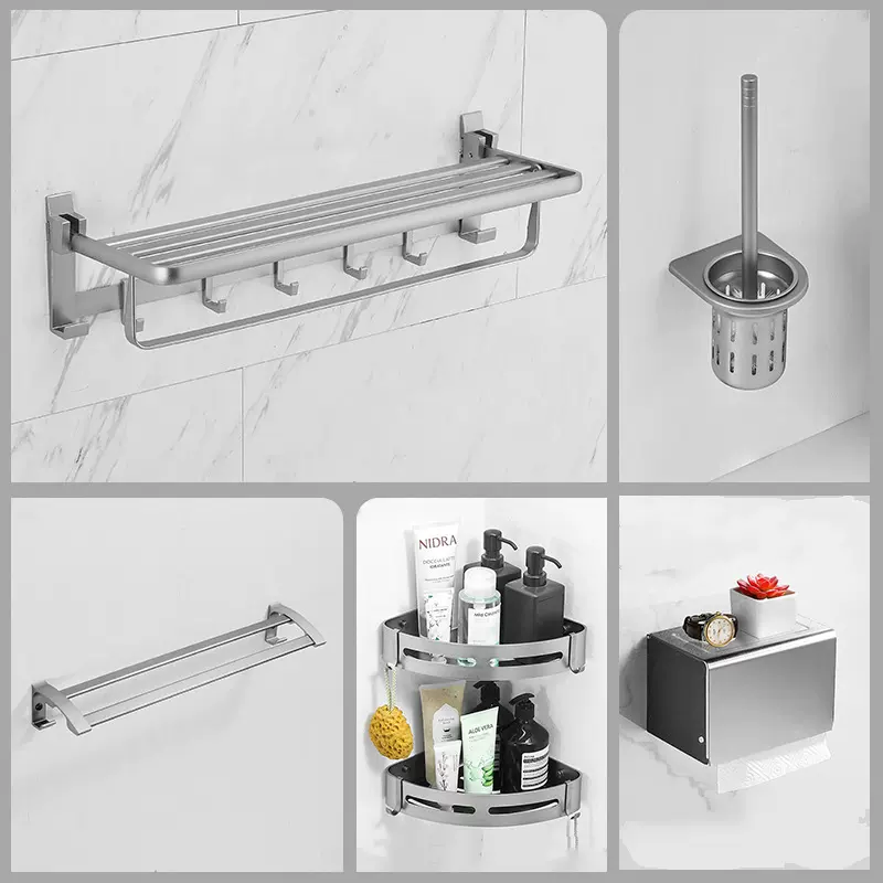 毛巾架免打孔太空铝卫生间置物架灰色浴巾架卫浴五金浴室挂件套装