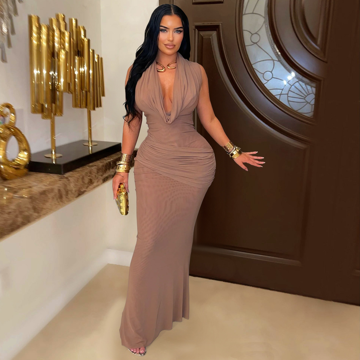 C7555 Aliexpress transfronterizo amazon moda europea y americana temperamento de mujer sin mangas plegado vestido de pecho bajo de cuello en v