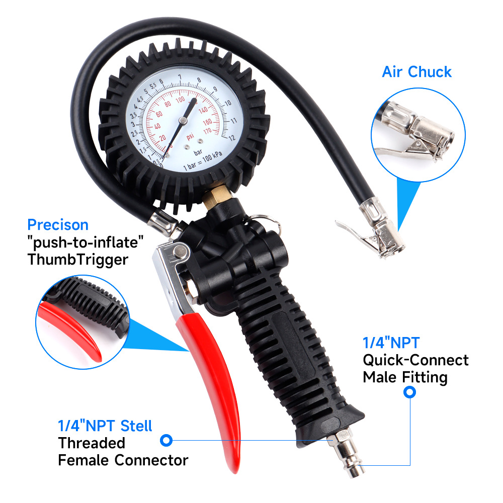 Mechanical pointer tire pressure gun (European, Japanese, and American standards) car tire inflator with pressure gauge, auto repair tool