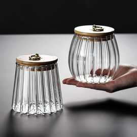 条纹玻璃茶叶罐竹盖金属拉环密封罐透明家用玻璃杂粮储物罐收纳瓶