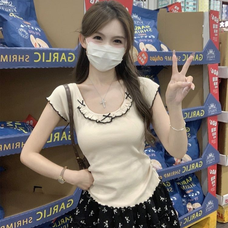 French Style Bow Shoulder U-Neck Short-Sleeved T-Shirt Women's Hot Girl Hems Pleated Arc Edge Slim-Fit Design Short Top for Women