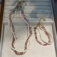 高級感天然淡水珍珠不規則草莓晶碎石串珠雙層項鍊夏季手鍊女首飾