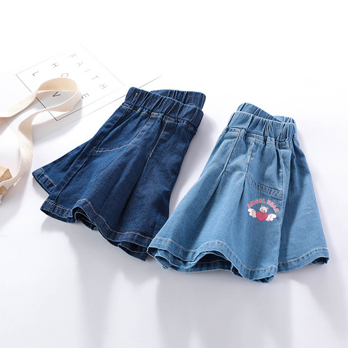 New Women's Children's Summer Outfits Baby Trendy Wide-Leg Denim Shorts Hot Pants Skirts Pleated Skirt
