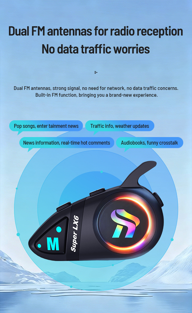 Motorcycle helmet Bluetooth headset LX6, waterproof, noise-reducing, four sound effects, riding headset, direct factory supply, samples available