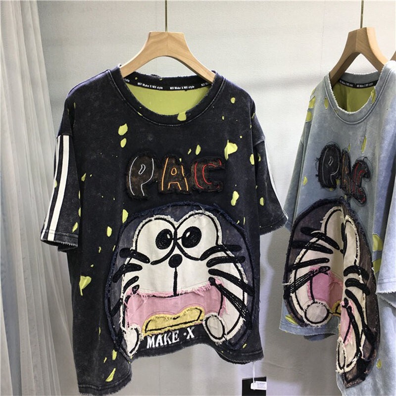 # 6716 Heavy-duty cute Doraemon distressed ripped patch sequin short round-neck T-shirt