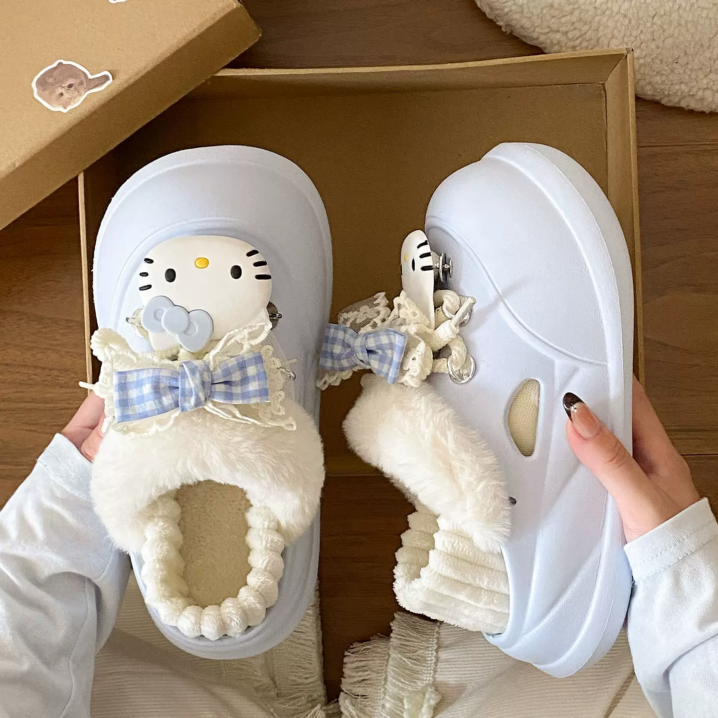 可拆卸甜美蝴蝶结小猫冬季加绒保暖百搭EVA厚底包跟外穿棉拖鞋女