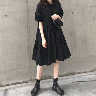 2023 Summer new style loose Western style retro French style small black dress plus size fat sister belly covering slimming dress trendy