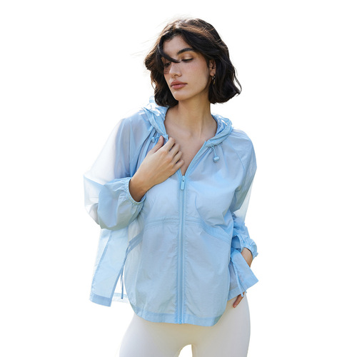 Summer thin hooded yoga jacket for women, loose casual breathable fitness clothing with a sense of elegance, waist-cinching and slimming sports wear