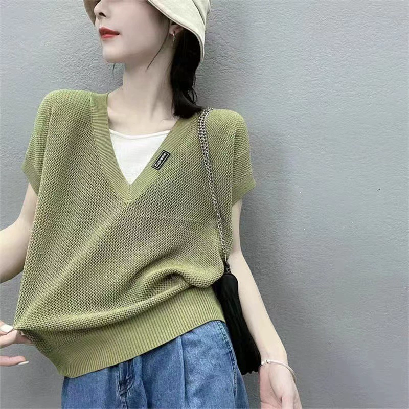 2023 летняя футболка с короткими рукавами из ледяного шелка, женский тонкий полый пуловер, свободный свитер, свитер