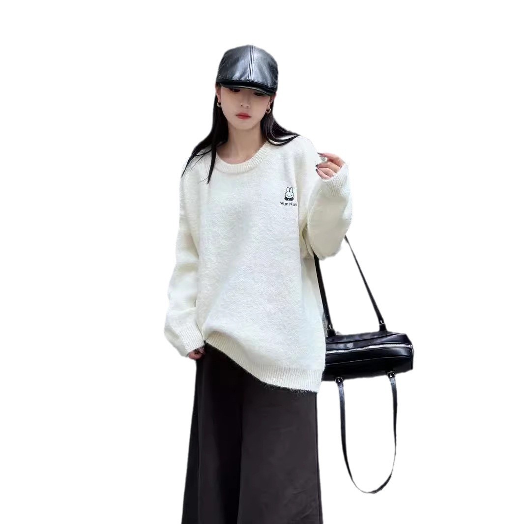 24 invierno Puyuan cuello redondo suéter rosa mujer otoño invierno bordado conejo camisa de punto viento lento