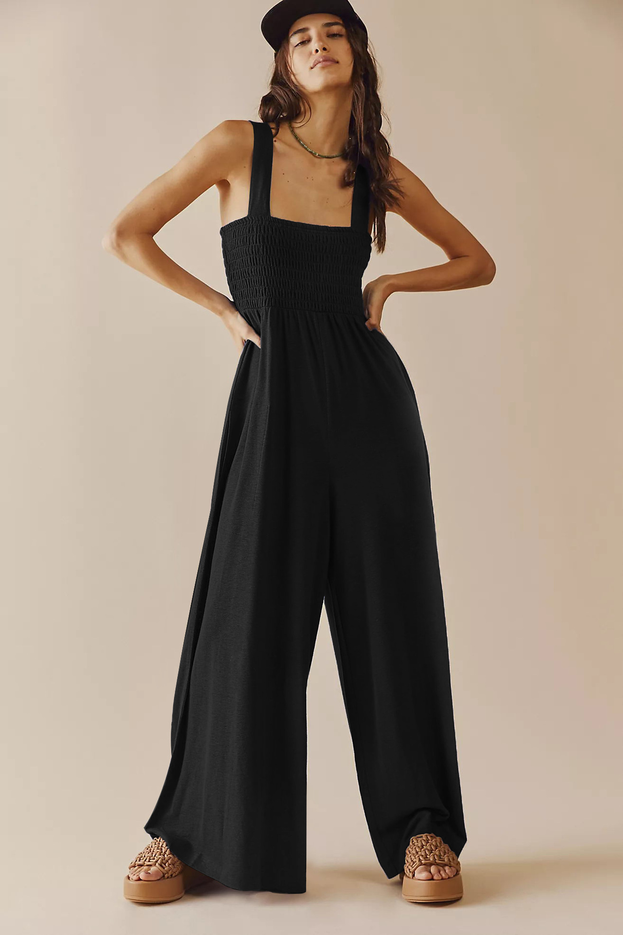 solid color sleeveless suspender loose wide-leg jumpsuit NSMID128560