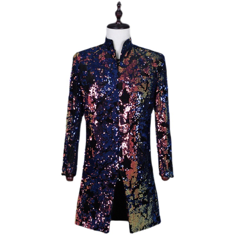 Los hombres tridimensionales flor azul púrpura terciopelo lentejuelas casual traje chaqueta DJ cantante brillante abrigo traje de fiesta