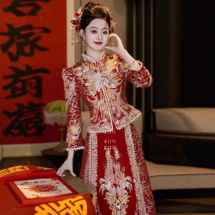 2025 New Bride Xiuhe Dress Chinese Style Wedding Dress with Vertical Collar Show High-end Heavy Industry Luxury Toast Dress