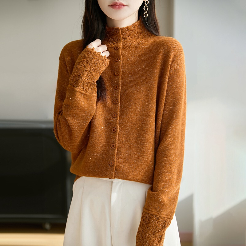 Autumn and Winter Half Turtleneck Knitted Cardigan for Women, Gentle Style, Loose and Slimming Look, Hook Pattern Long-Sleeved Sweater, Bottoming Top for Women