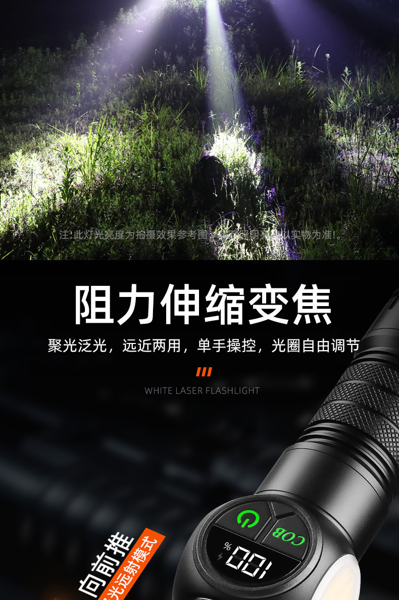 Cross-border digital display power indicator, high-brightness flashlight with zoom, long-range side light, floodlight for home emergency, outdoor hiking, cycling, rechargeable