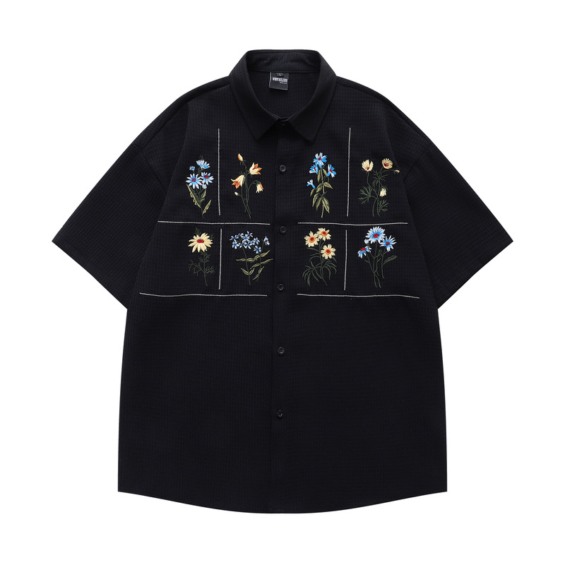 American Style Retro Floral Embroidered Waffe Short Sleeve Shirt Men's and Women's Loose Casual 2025 Summer Couple Shirt