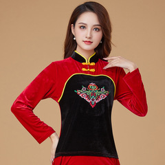 New square dance costumes for autumn and winter, gold velvet embroidered stand-up collar dance dress for middle-aged and elderly women for performance dancewear