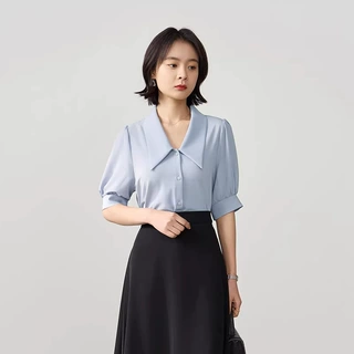 蓝色短袖衬衫女夏季法式气质尖领设计感上衣职业面试正装雪纺衬衣