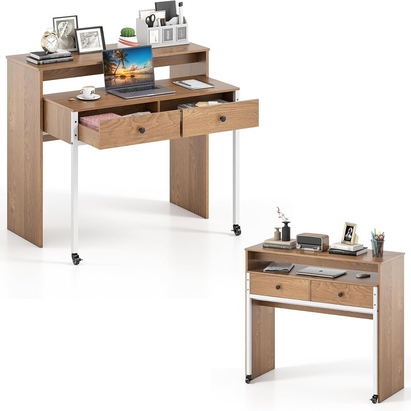 Small Computer Desk with Cabinets and Drawers Extendable Writing Desk with Pull-Out Sub Table Monitor Stand and