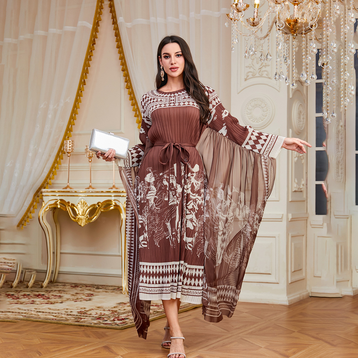 New Cross-border Pleated Printed Loose Bat-sleeve Heavy-duty Arabic Robe With Ties, Plus-size Elegant Dress For Women_ecoleips.com