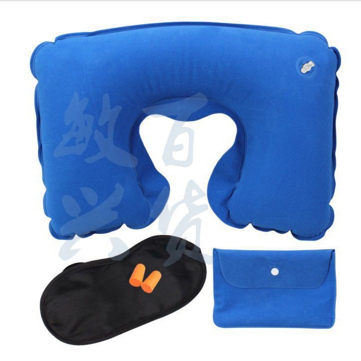 旅游三宝绒布袋套装 户外旅行加厚pvc植绒充气枕头航空三件套批发