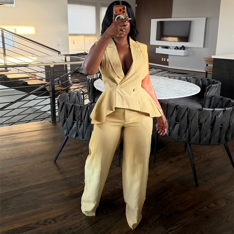 Women's Summer Fashion V Neck Button Up Ruffled Wide Leg Pants Set Solid Color American Style_ecoleips.com