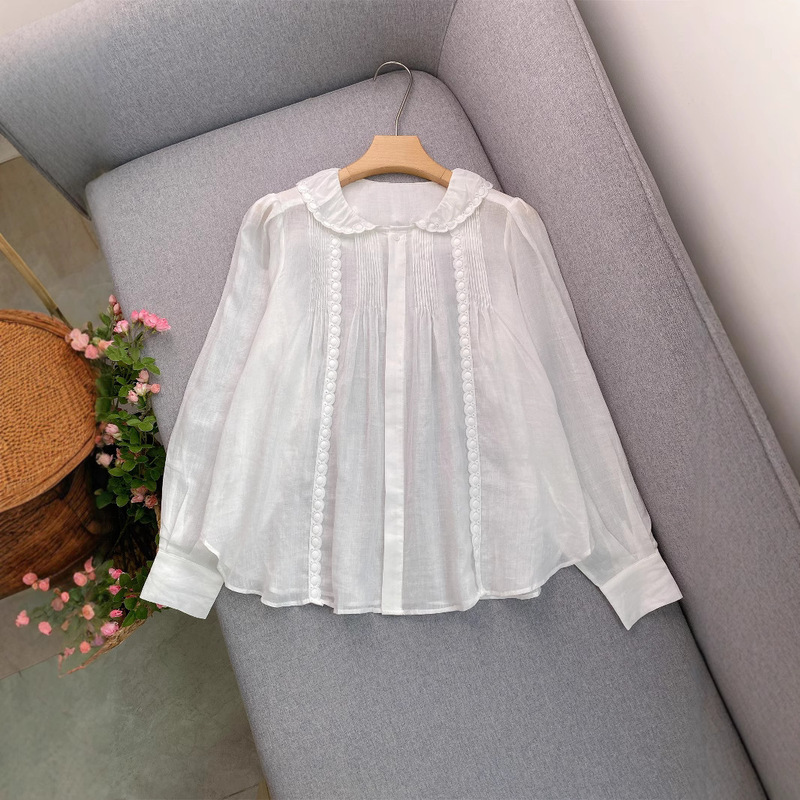 French-Style Lazy White Sweet Lace Ruffle Doll Collar Tuck Pleat Fairy-Like Lightweight Long-Sleeve Shirt Top for Women