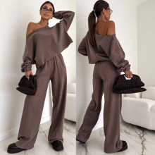 跨境新款欧美风运动套装秋冬时尚休闲女装斜肩长袖直筒长裤两件套