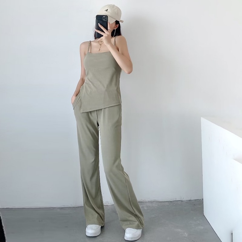 solid color camisole and hem slit top loose wide leg pants set NSXDX135908