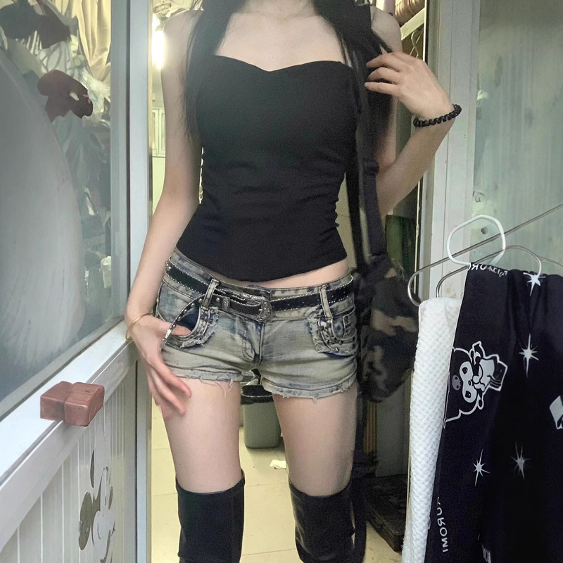 2025 European and American Style Y2K Sexy Retro Yellow Mud Denim Super Shorts Women's Summer New Rivet Straight Hot Pants