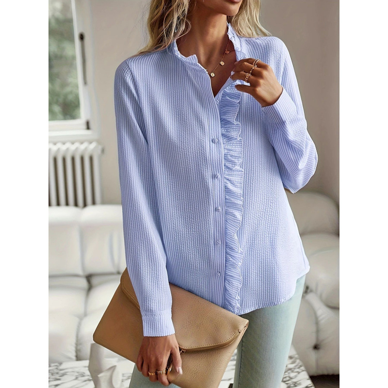 Cross-Border Women's Striped Pleated Detail Long-Sleeved Single-Breasted Elegant and Intellectual Outing Date Work Shirt
