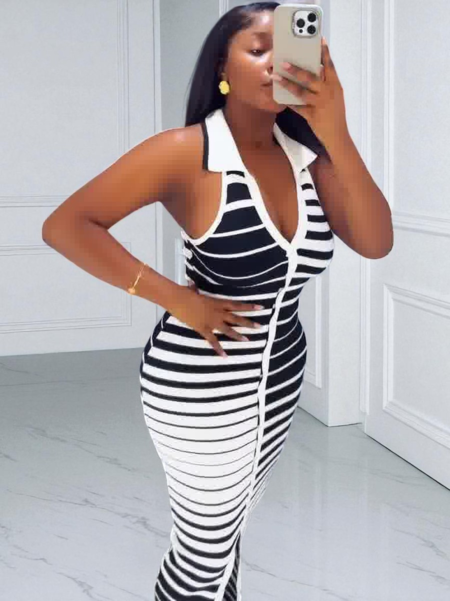 GraceChic 2025 Nuovo vestito estivo in maglia a righe bianche e nere per le donne taglie forti transfrontaliere Commercio estero africano da donna_voghion.com