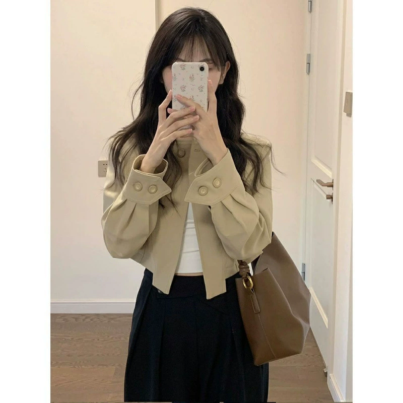 Нерегулярный хаки с лацканным вырезом, короткая ветровка куртка женская весна и осень, дизайн, нишевые куртки кардиган с длинными рукавами, прямые продажи