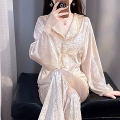 秋と冬の女性用パジャマ、妖精風のゴールドダイヤモンドベルベット長袖セット、レースカーディガン、ホームウェア、外でも着用可能、厚手で暖かい
