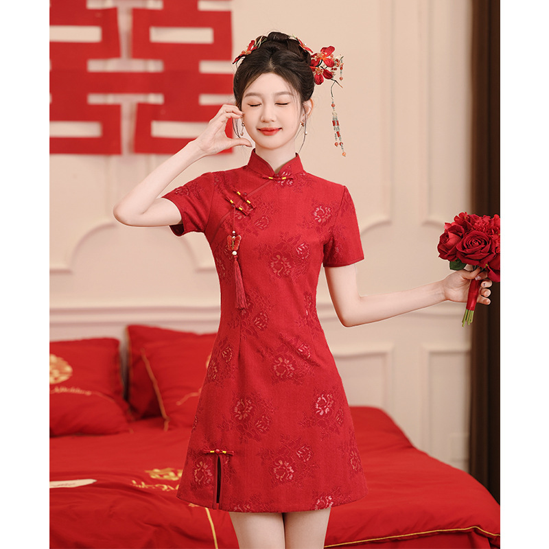 新中式旗袍年轻款敬酒服订婚红色礼服夏季改良版少女小个子送高考