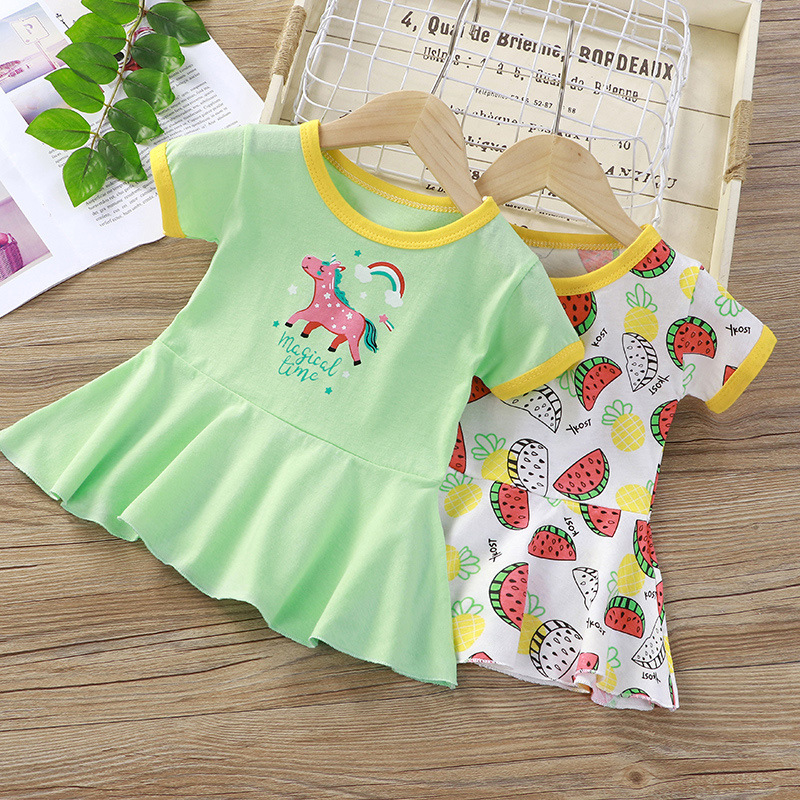 Summer Girl Princess Dress Small Children Cotton New Fashion Cartoon Print Short-Sleeved Skirt One Hair