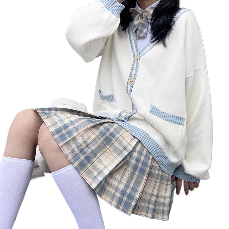 [4 인조 세트] JK 스웨터 카디건 여자 가을 · 겨울 일본 학생 신선한 JK 유니폼 니트 코트 주름 치마