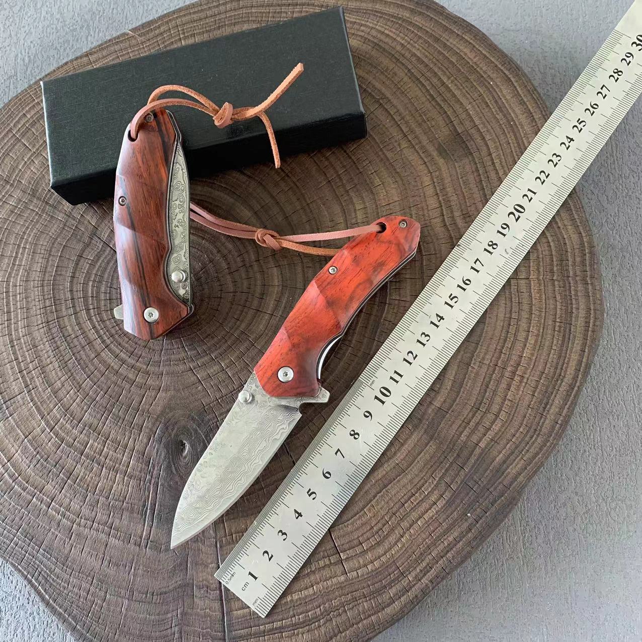 大马士革红木柄折叠刀口袋刀户外刀具随身携带野外迷你小刀水果刀