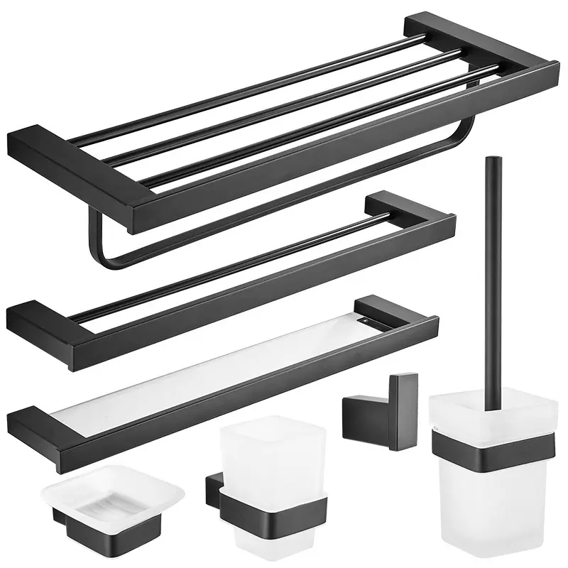 卫生间不锈钢黑色毛巾架置物架黑色浴巾架浴室毛巾杆卫浴挂件套装
