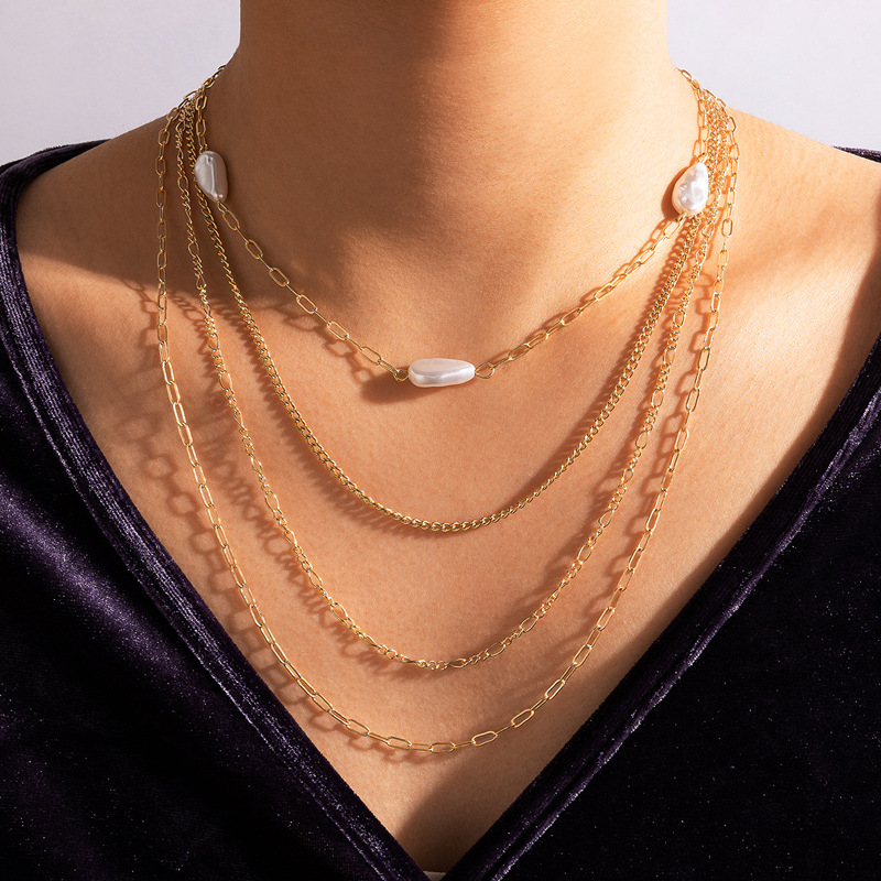 Modische geometrische Perlenkette vierlagige Halskette unregelmige geometrische mehrlagige Halskettepicture1