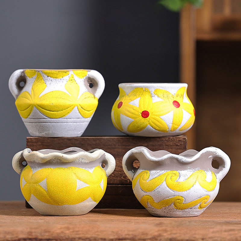 Amarillo tamaño pequeño Mediterráneo suculento maceta fábrica de carne directa cerámica vintage rojo cerámica arcilla olla especial liquidación