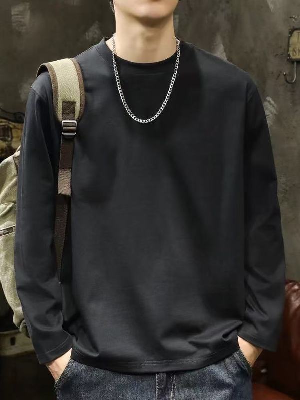 長袖Tシャツメンズ香港スタイルの新しい春と秋の厚手の純綿ルーズTシャツインナーレイヤリングシャツ無地トップ|undefined