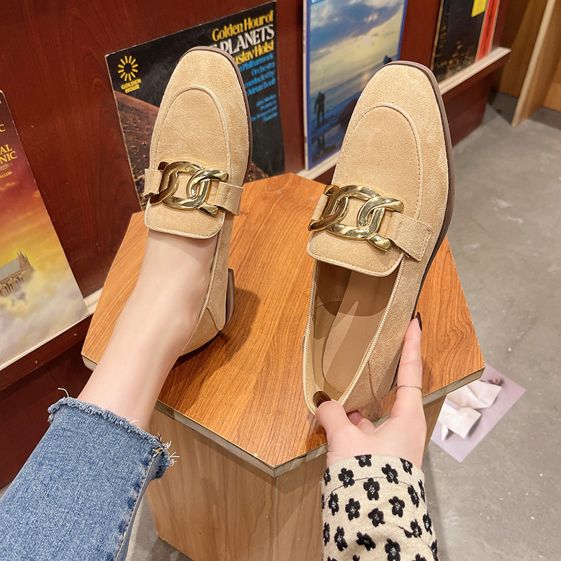 Flat Single For Women 2024 Spring New French Style Horsebit Loafers Low Heel Suede Slip-On Casual Shoes_vogvips.com