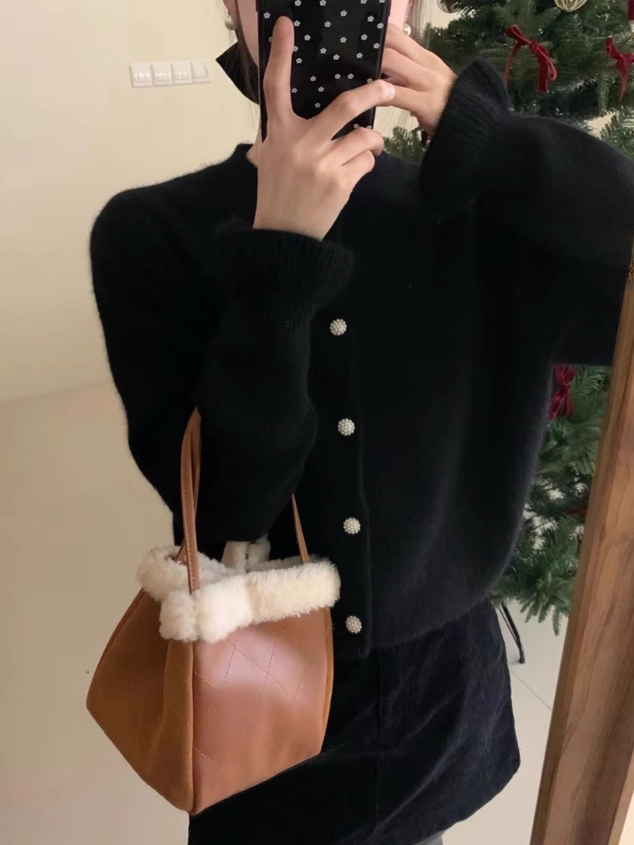 Cardigan coreano in velluto con scollo rotondo e maniche ricamate viola da donna, piccolo cappotto lavorato a maglia profumato primaverile_voghion.com