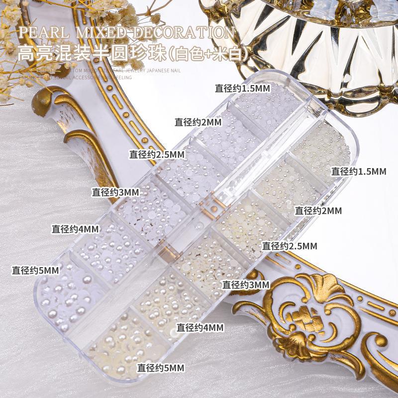Joyería de uñas perla mixta semicírculo plano beige 12 rejilla en caja tamaño destacado redondo accesorios de uñas material