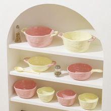 ins拼色陶瓷手柄碗烤碗带把手泡面碗氛围感高颜值沙拉水果酸奶碗