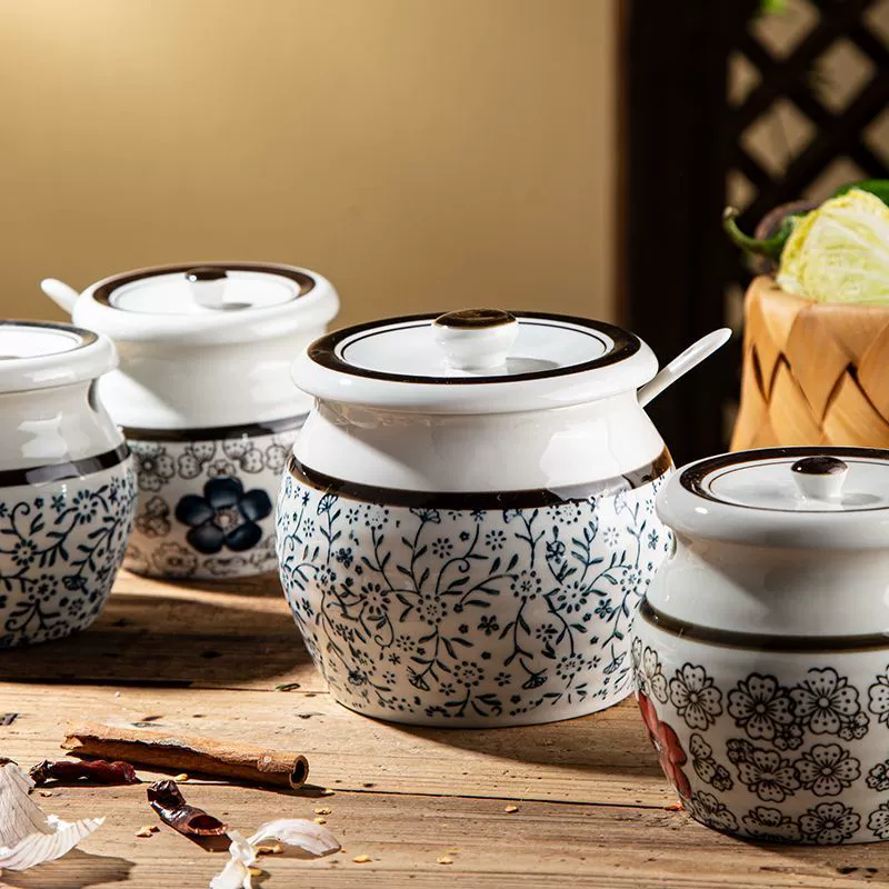 Резервуар для хранения масла Керамическая кухня сало чили банки для масла дома Высокотемпературный кухонный резервуар для масла чили с ложкой керамический таз для масла